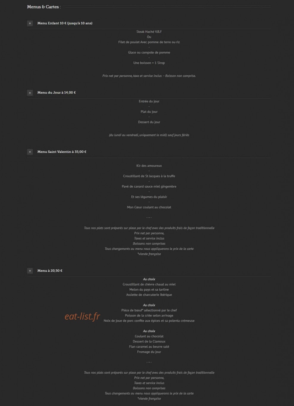 Carte et menu de Auberge de la clamoux à Villeneuve Minervois — Menus