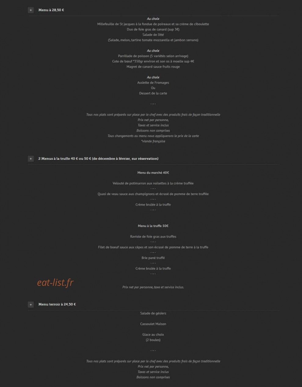 Carte et menu de Auberge de la clamoux à Villeneuve Minervois — Menus suite