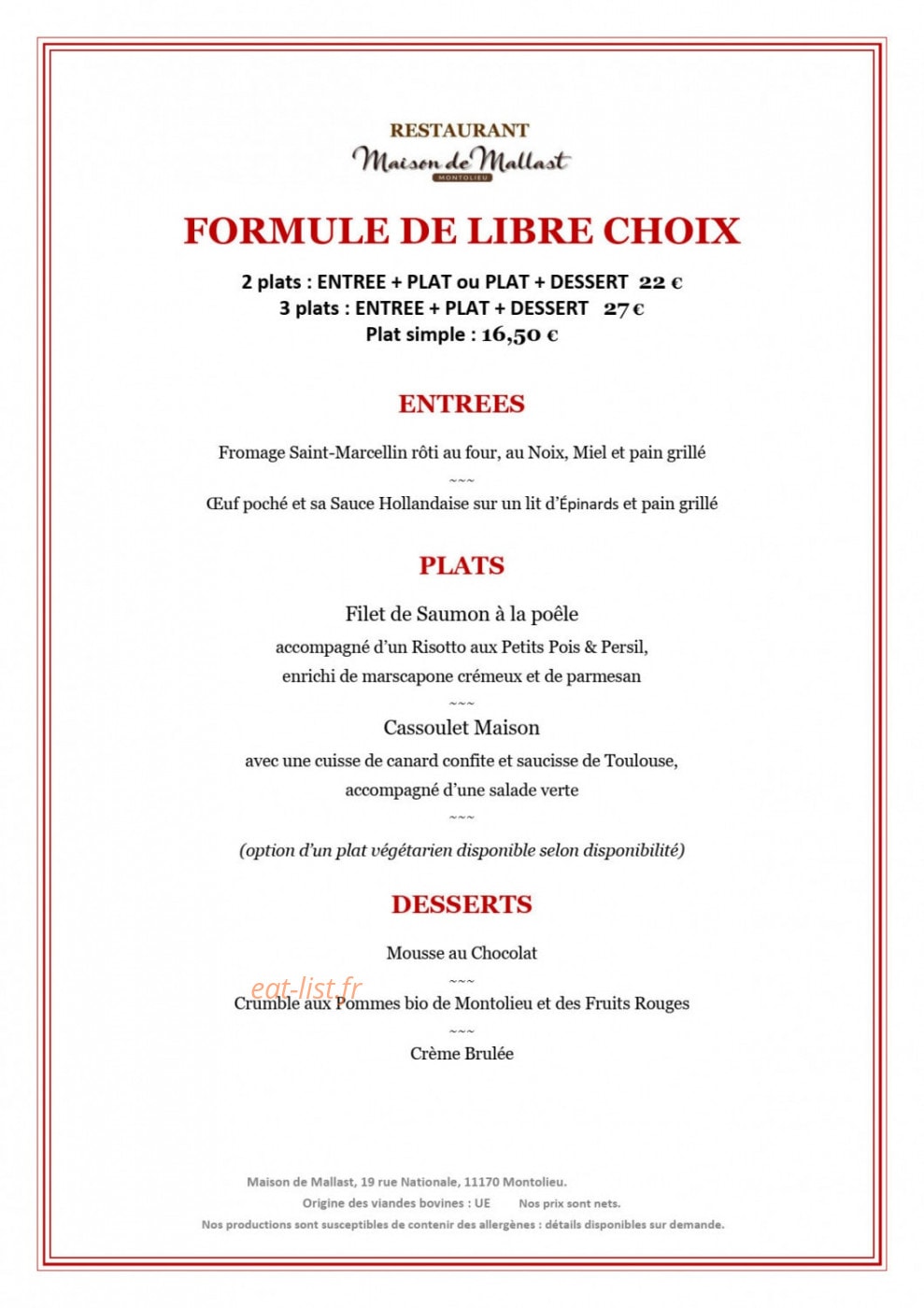 Restaurant Maison de Mallast — carte page 1