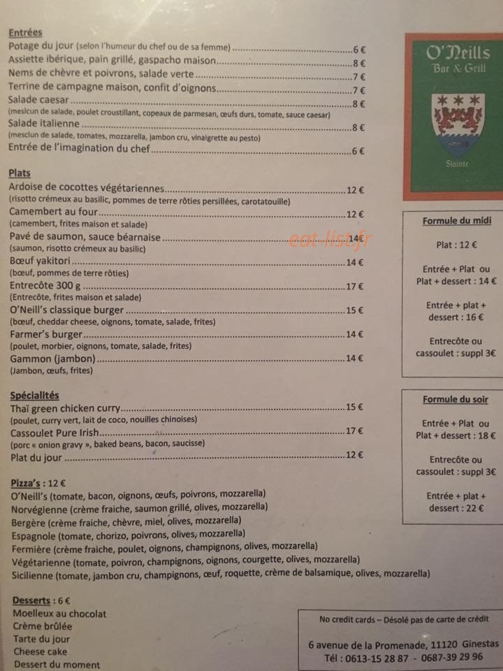 O'Neill's — carte page 1