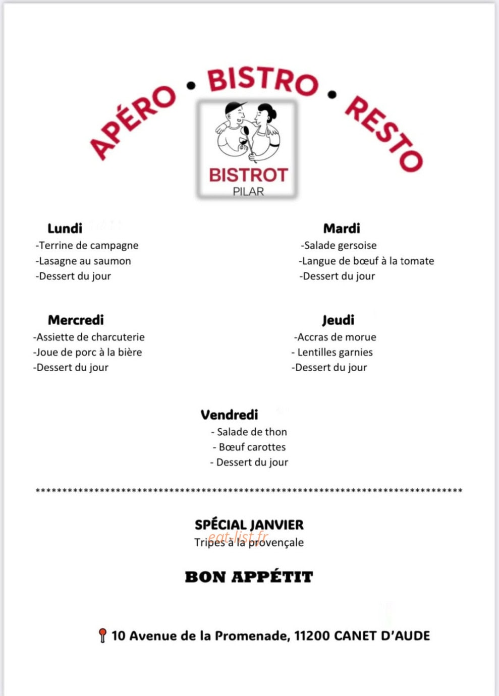 Bistrot Pilar — carte page 1
