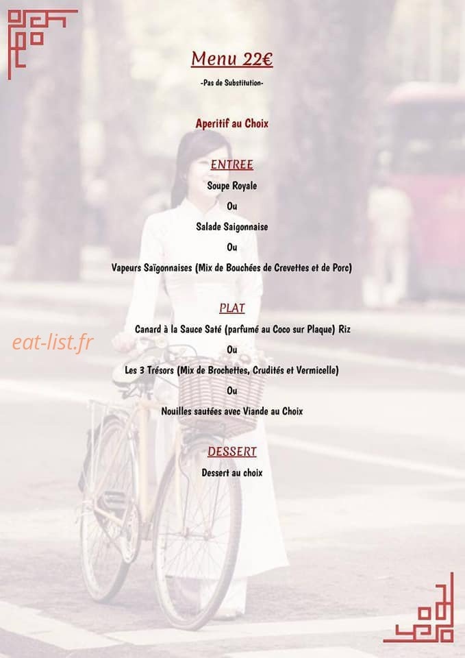 Carte et menu de Au Coeur de L'Asie à Lezignan Corbieres — Le menu à 22€