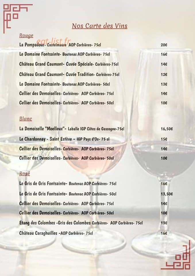 Carte et menu de Au Coeur de L'Asie à Lezignan Corbieres — Les vins