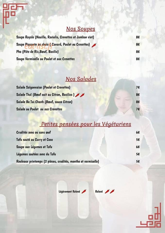 Carte et menu de Au Coeur de L'Asie à Lezignan Corbieres — Les soupes, salades et végétariens