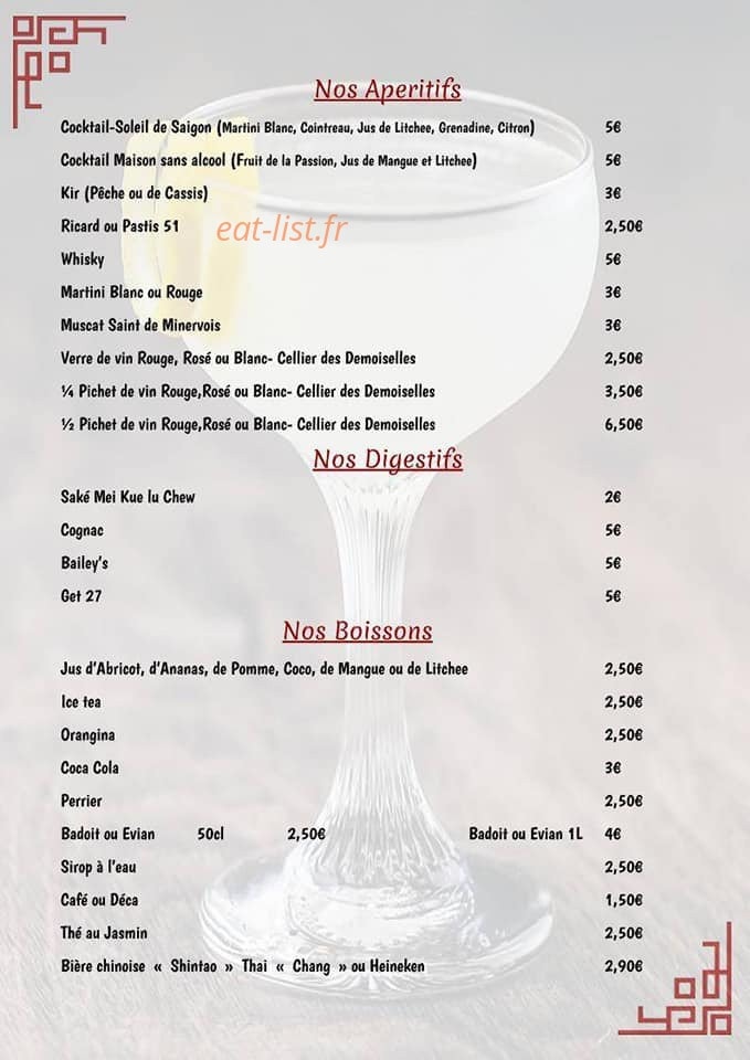 Carte et menu de Au Coeur de L'Asie à Lezignan Corbieres — Les apéritifs, digestifs et boissons