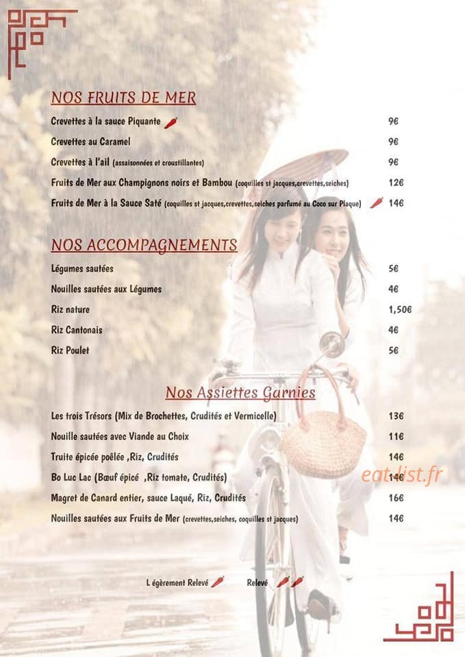 Carte et menu de Au Coeur de L'Asie à Lezignan Corbieres — Les fruits de mer, accompagnements et assiettes