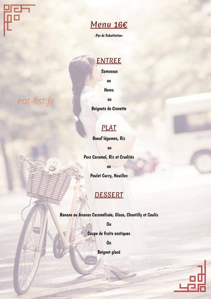 Carte et menu de Au Coeur de L'Asie à Lezignan Corbieres — Le menu à 16€
