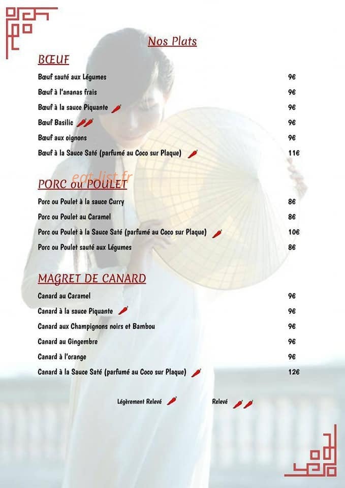 Carte et menu de Au Coeur de L'Asie à Lezignan Corbieres — Les plats