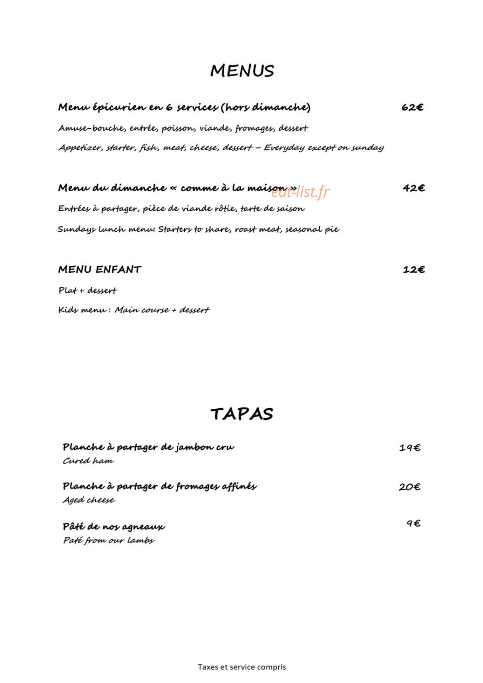 Restaurant des Ollieux — carte page 1