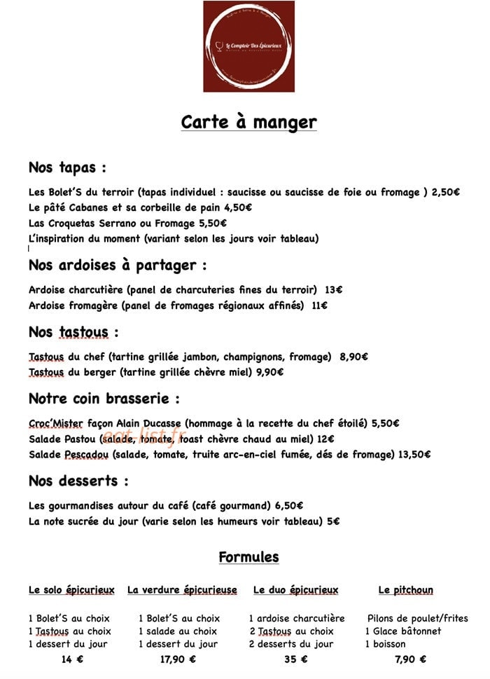 Le Comptoir des Epicurieux — carte page 1