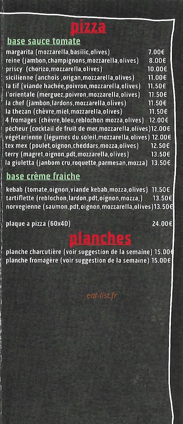 Carte et menu de Pizzeria du village à Thezan des Corbieres — Les pizzas et planches