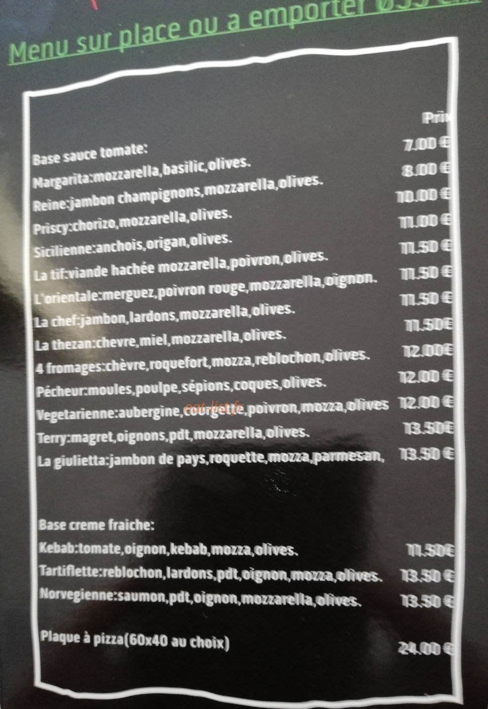 Carte et menu de Pizzeria du village à Thezan des Corbieres — Le menu