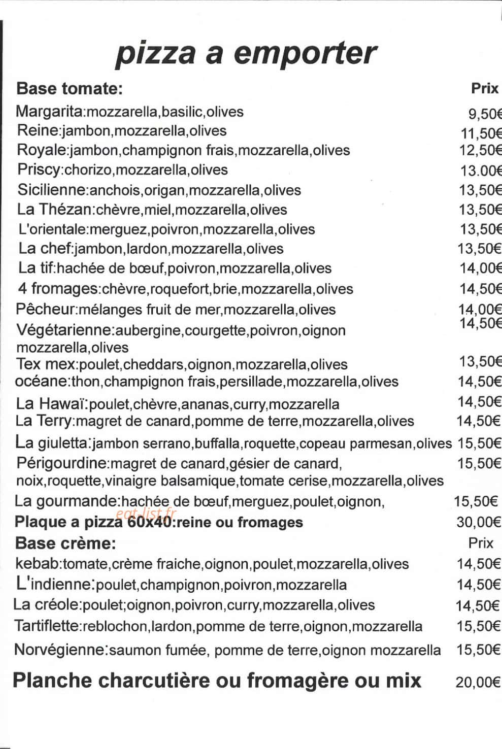 Carte et menu de Pizzeria Du Village à Thezan des Corbieres — Les pizzas