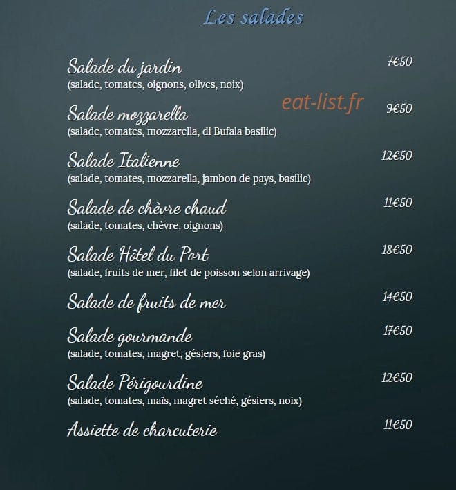 Carte et menu de hôtel restaurant du port à Port la Nouvelle — Les salades