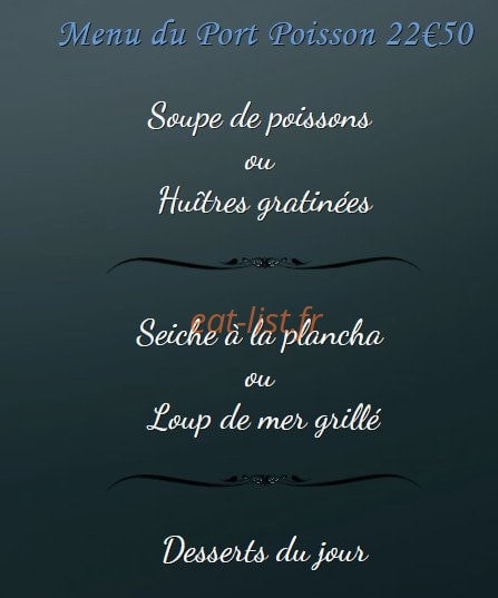 Carte et menu de hôtel restaurant du port à Port la Nouvelle — menu du port poisson