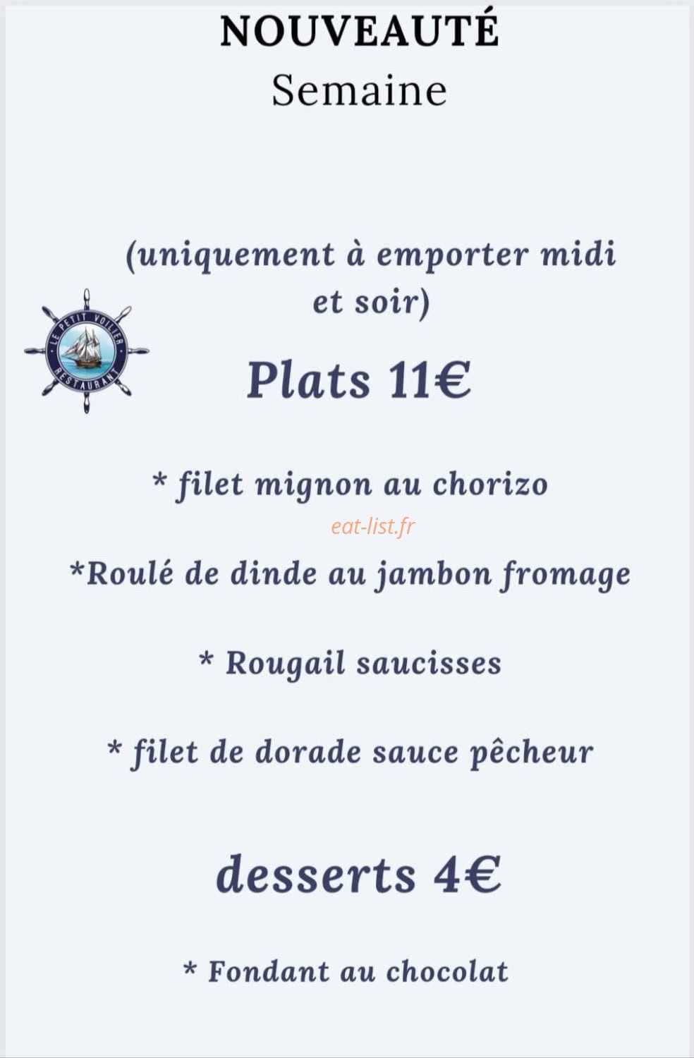 Carte et menu de Le Petit Voilier à Port la Nouvelle — Exemple de menu de la semaine