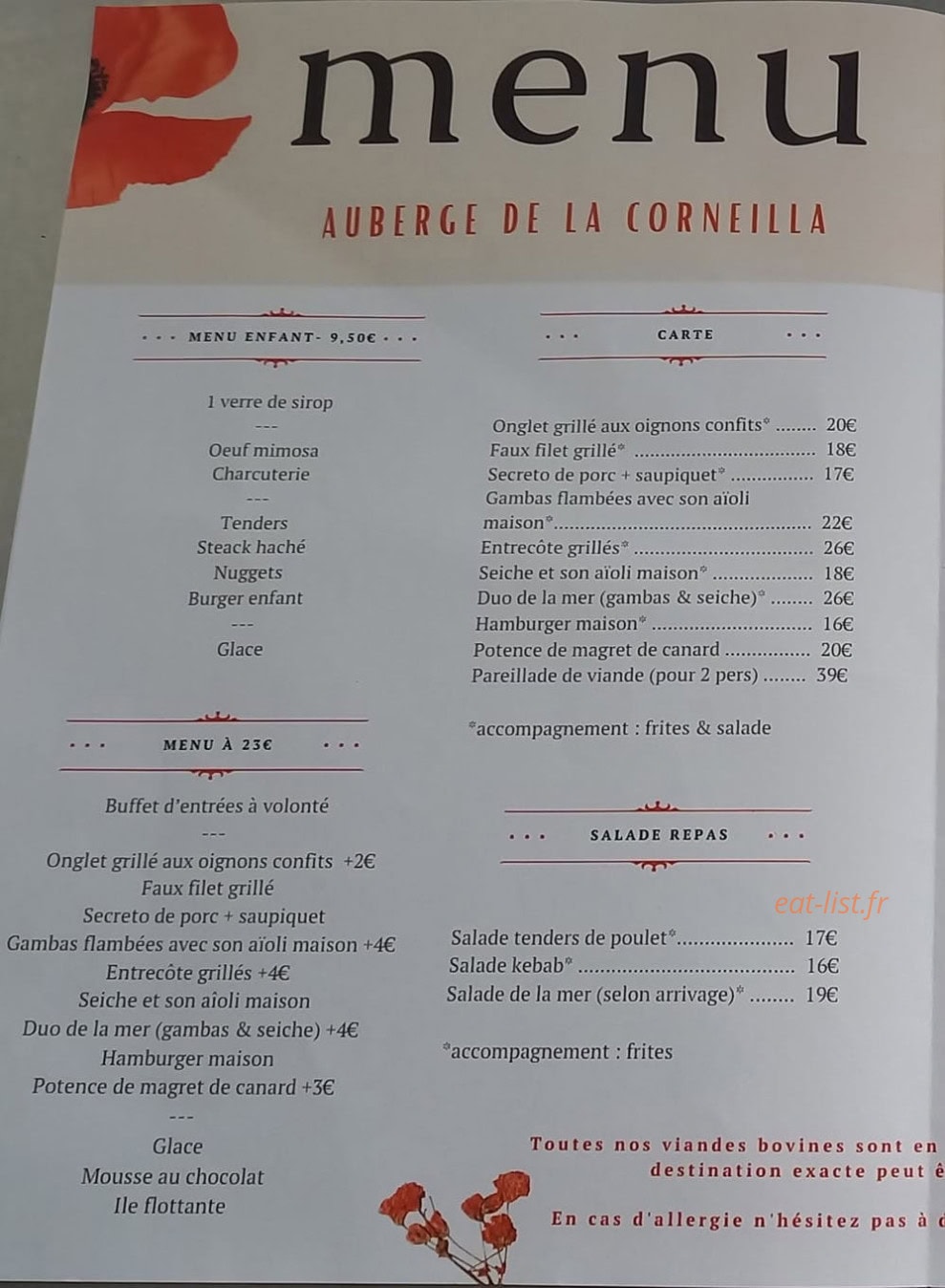 Auberge de la Corneilla — carte page 1