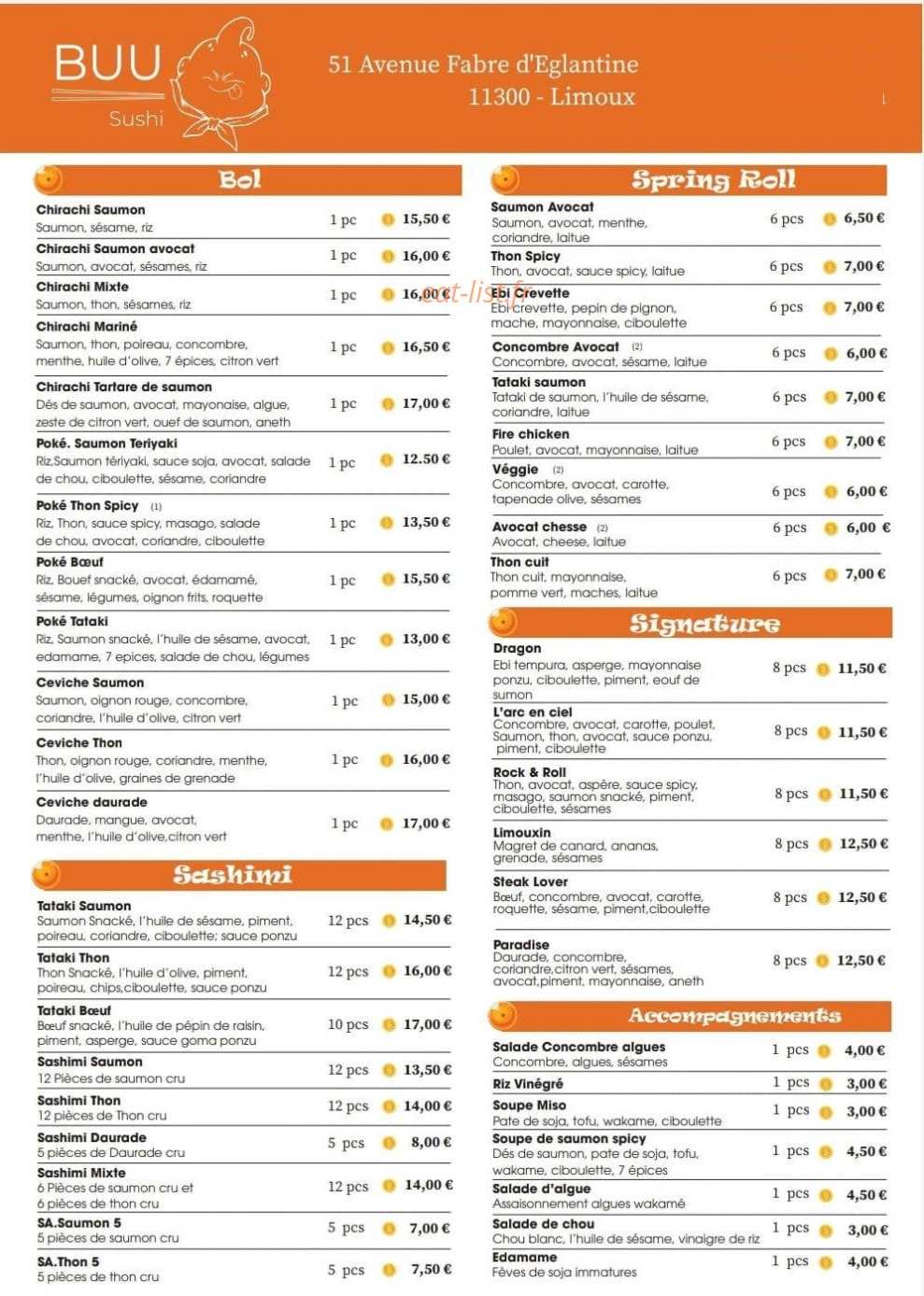Buu Sushi — carte page 1