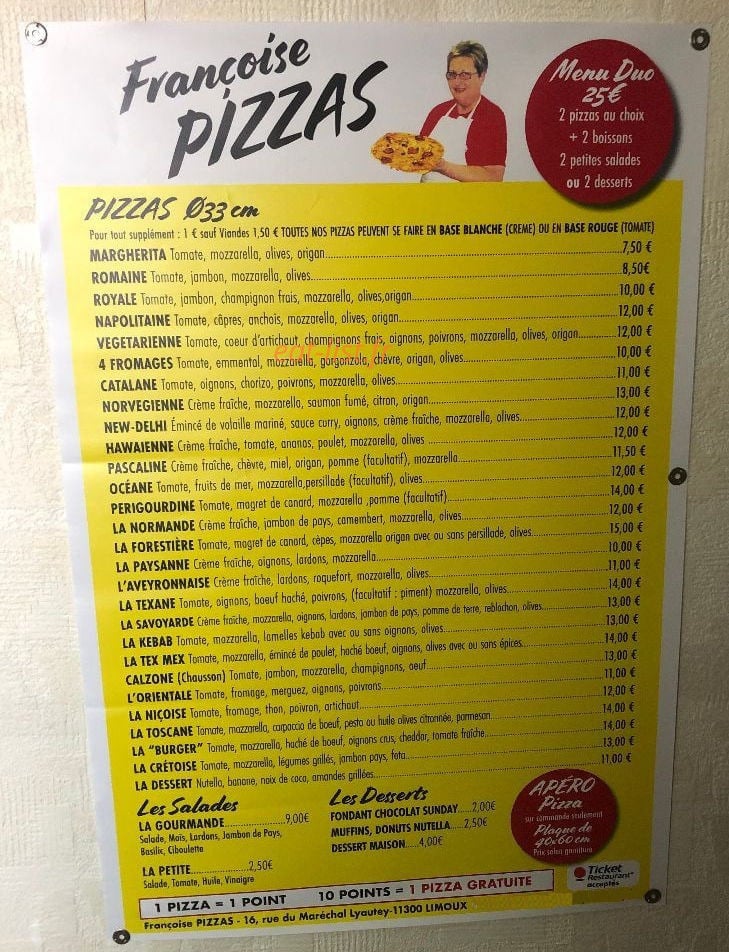 Françoise Pizzas — carte page 2
