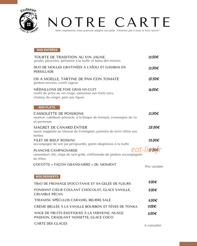 Carte et menu de Restaurant Trésors de Campagne à Villarzel du Razes — La carte