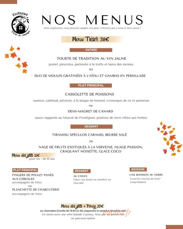 Carte et menu de Restaurant Trésors de Campagne à Villarzel du Razes — Les menus