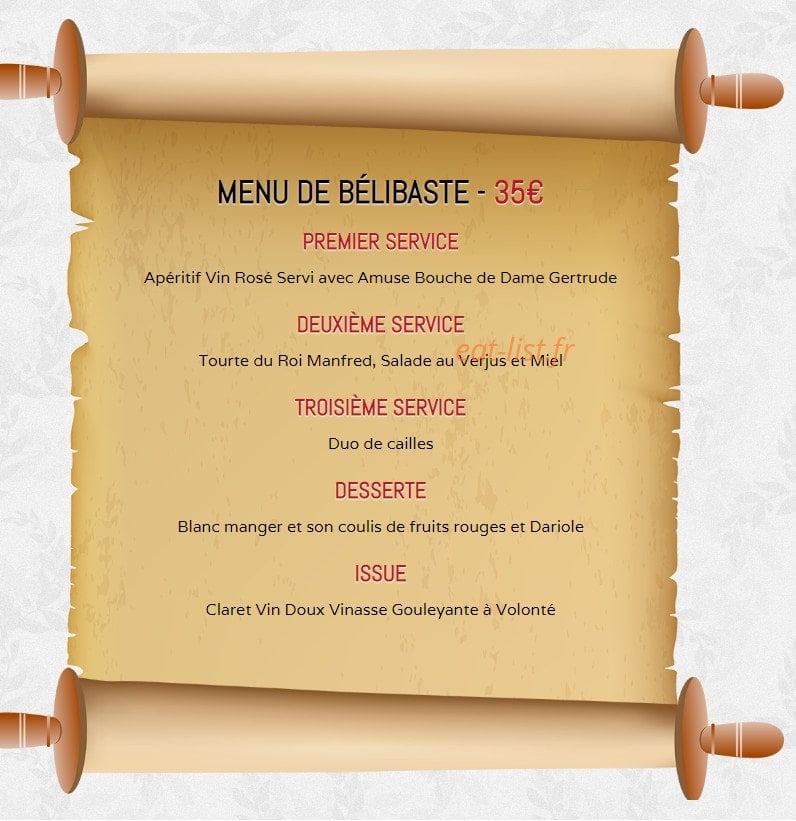 Carte et menu de la rôtisserie Médiévale à Villerouge Termenes — menu de délibaste 35€