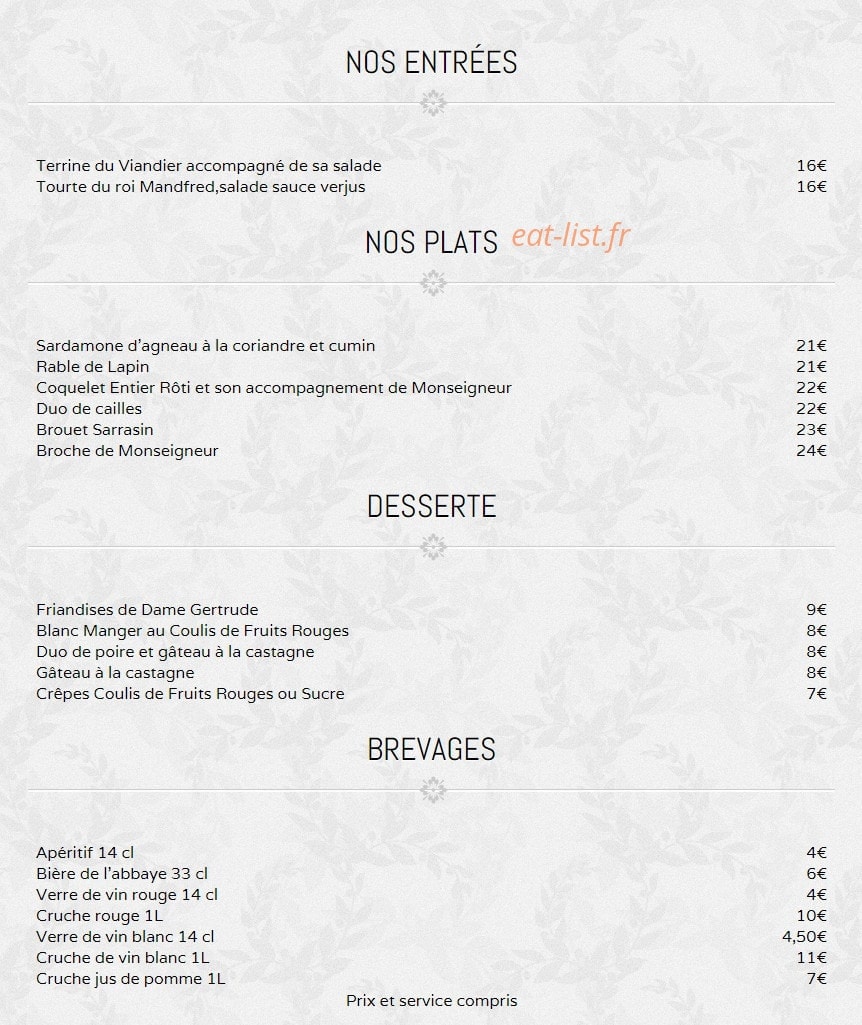 Carte et menu de la rôtisserie Médiévale à Villerouge Termenes — La carte