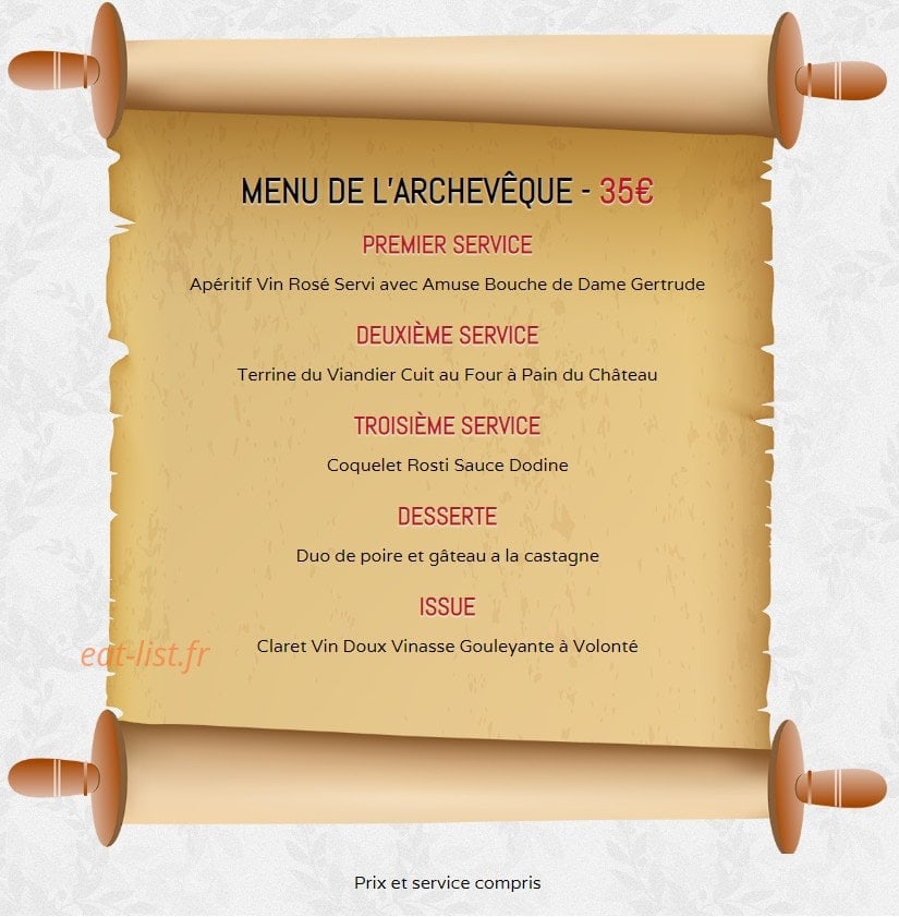 Carte et menu de la rôtisserie Médiévale à Villerouge Termenes — menu de l'archeveque 35€