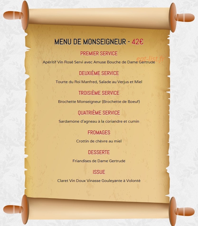 Carte et menu de la rôtisserie Médiévale à Villerouge Termenes — menu 42€