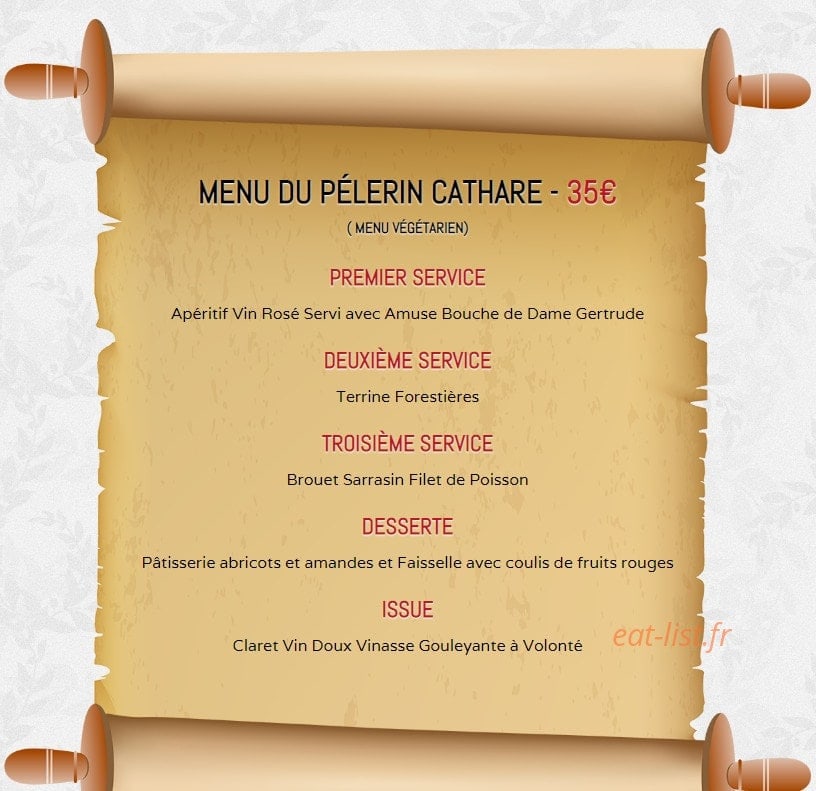 Carte et menu de la rôtisserie Médiévale à Villerouge Termenes — menu du pélerin cathare 35€