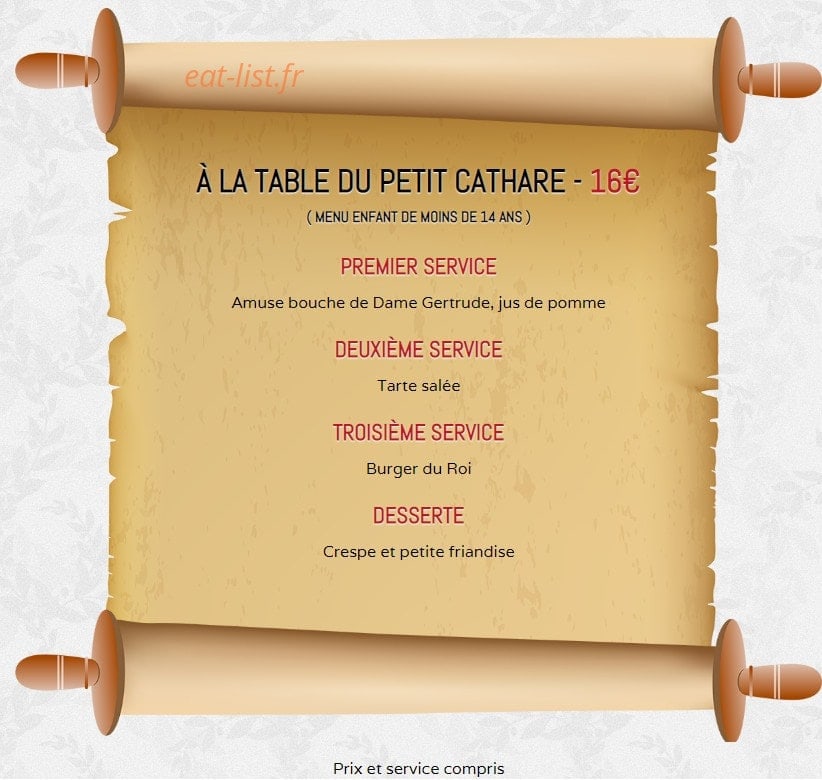 Carte et menu de la rôtisserie Médiévale à Villerouge Termenes — menu enfant