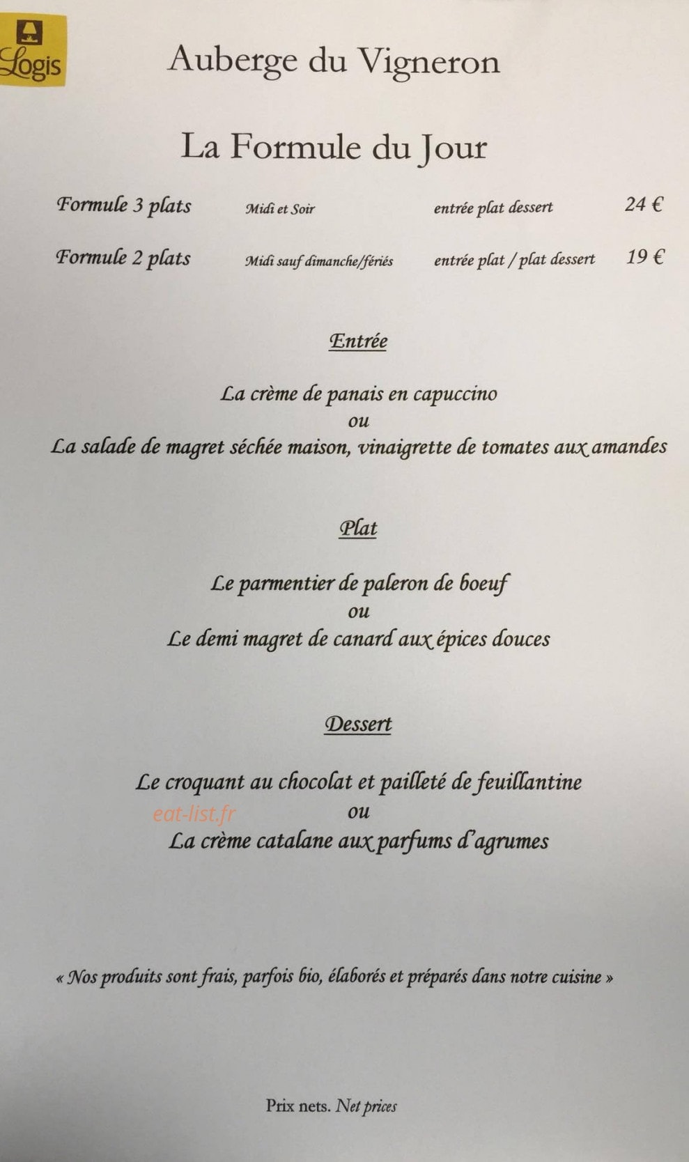 Auberge du Vigneron — carte page 1