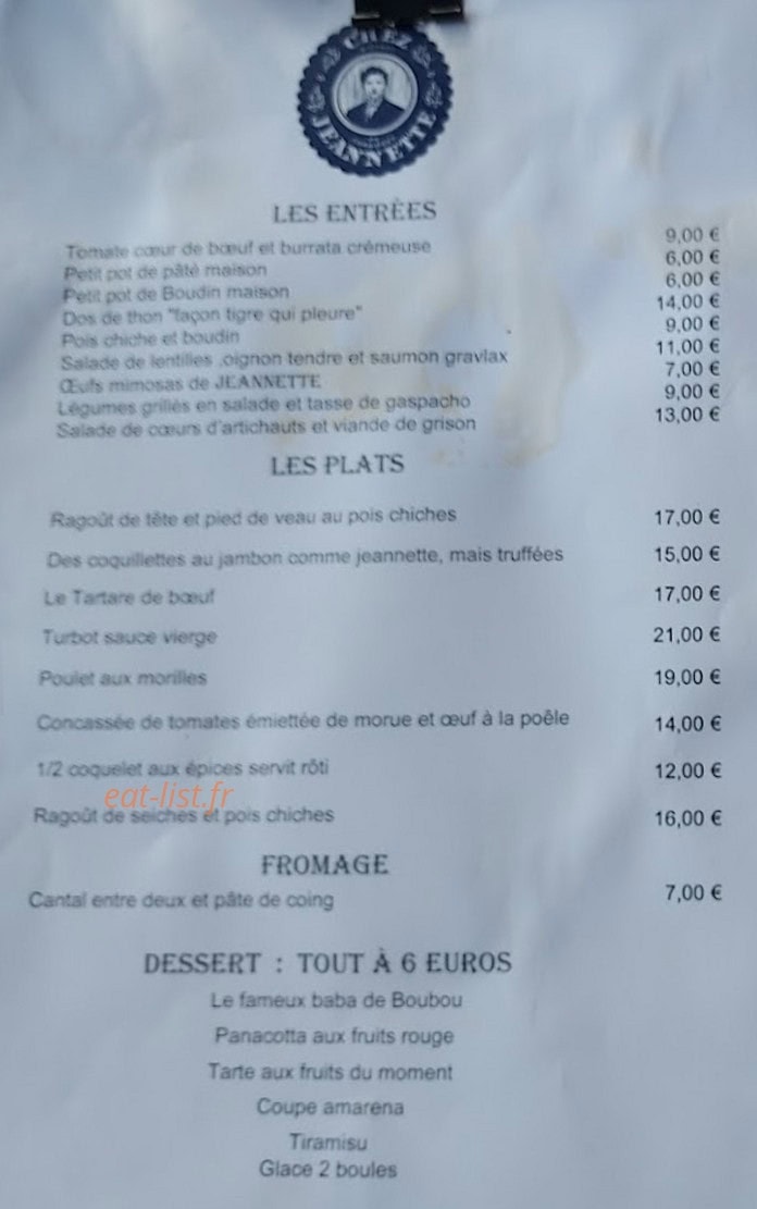 Chez Jeannette — carte page 1