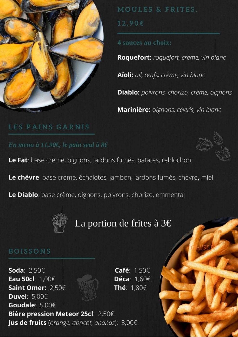 Carte et menu de Les Moules de Mimi à La Franqui — La carte