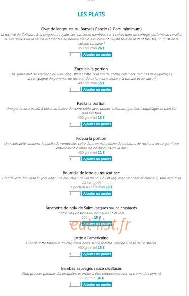 Carte et menu de Boniface Coquillages à Leucate — Les plats suite et desserts