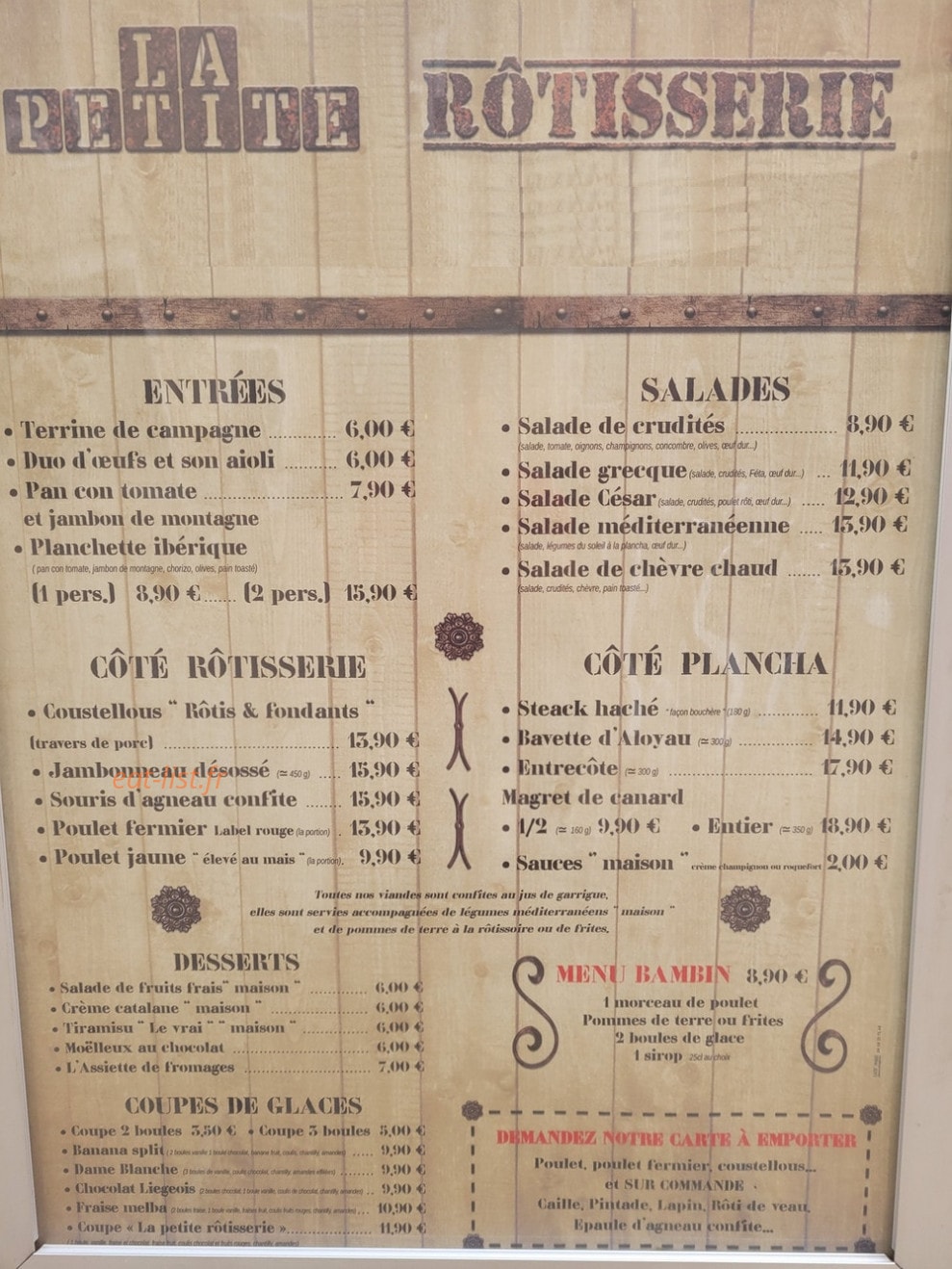 Carte et menu de La Petite Rôtisserie à Leucate — Les entrées, salades, ...