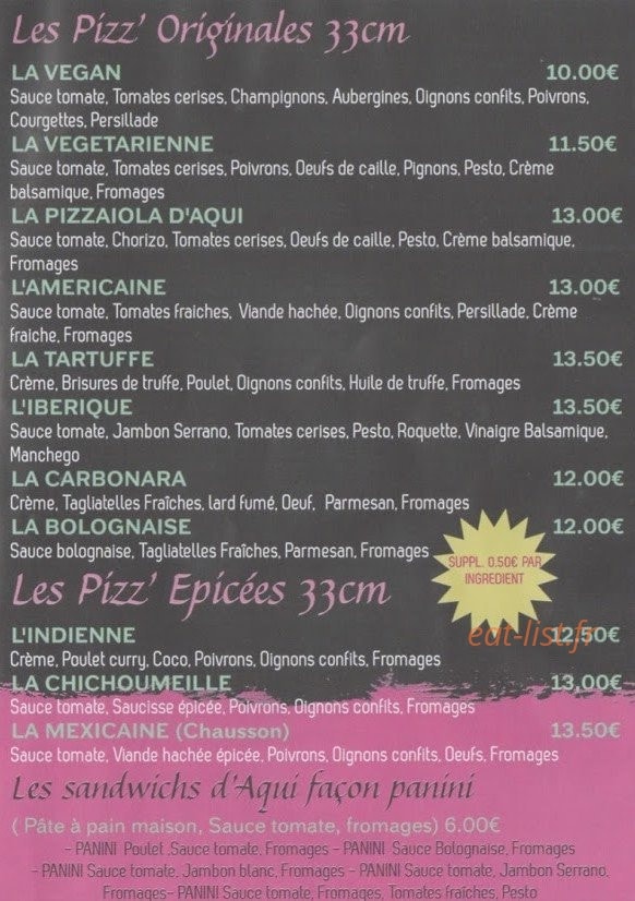 La Pizzaiola d'Aqui — carte page 2
