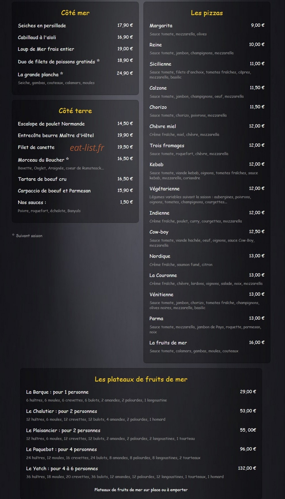 Carte et menu de Les Voiliers à Port Leucate — Les côté mer, terre, pizzas,...