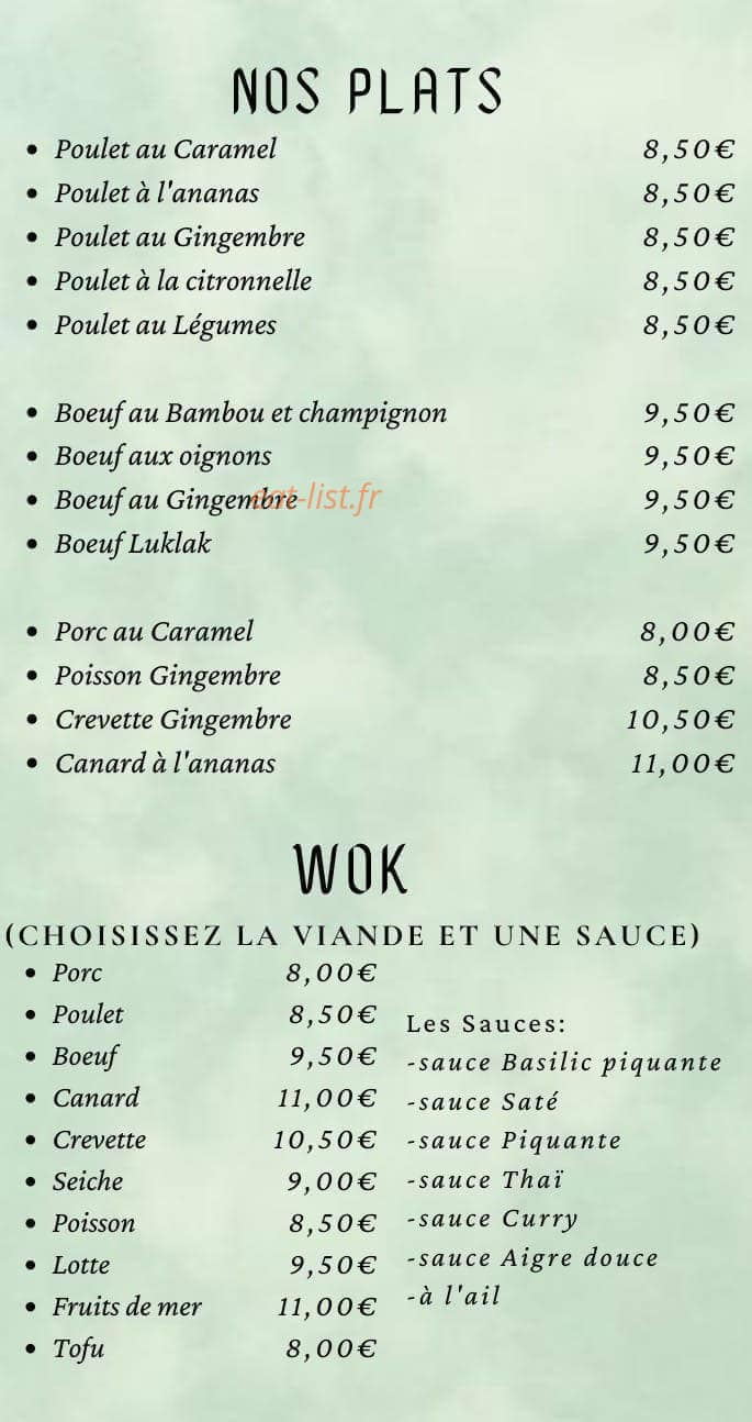 Carte et menu de Restaurant Nénuphar à Castelnaudary — Les plats et wok à emporter