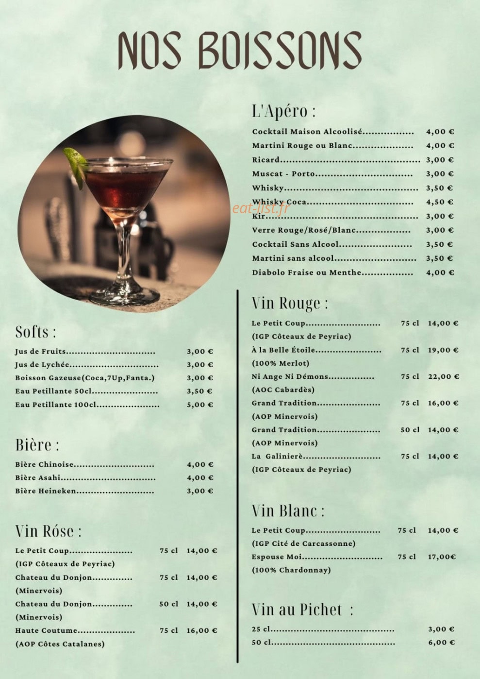 Carte et menu de Restaurant Nénuphar à Castelnaudary — Les boissons