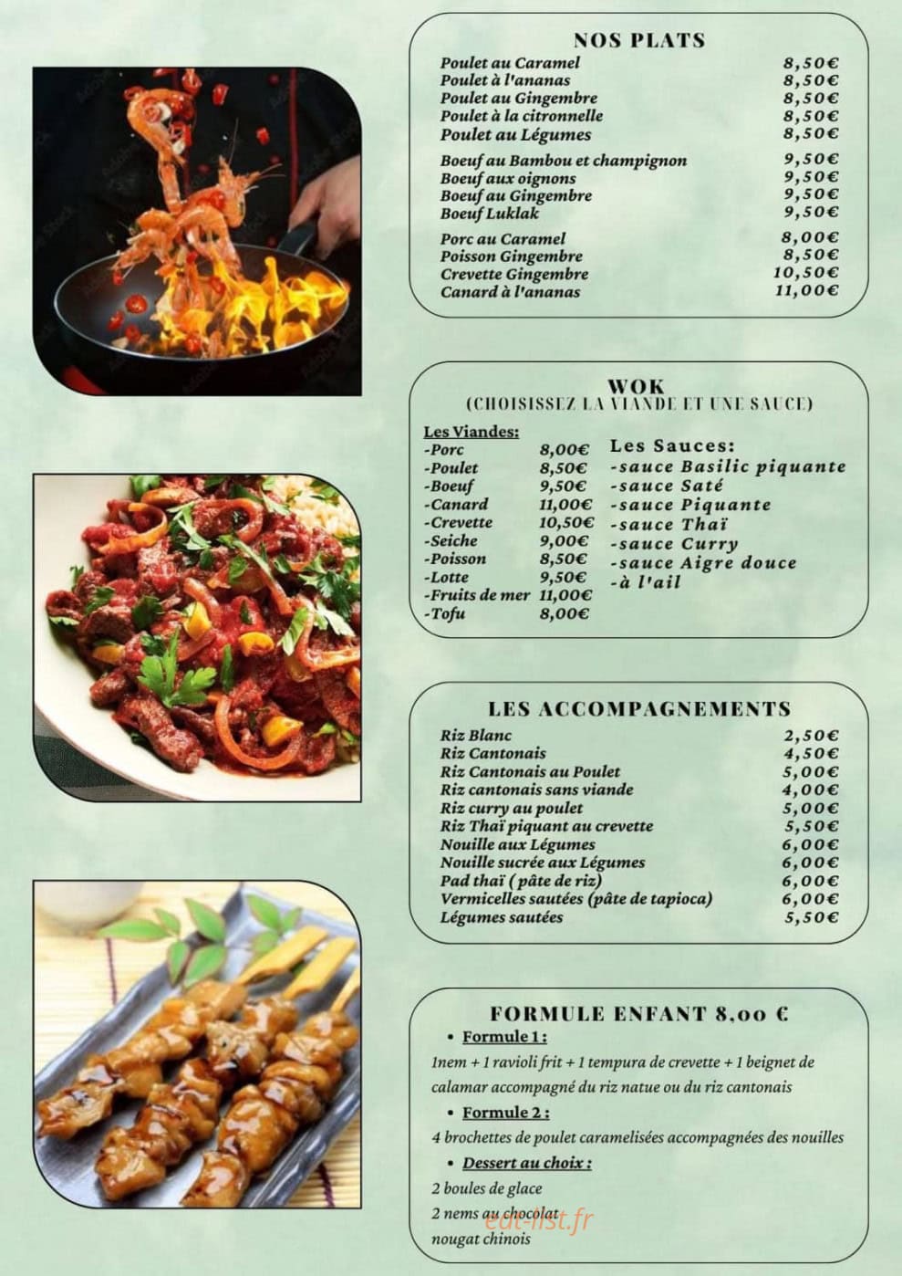 Carte et menu de Restaurant Nénuphar à Castelnaudary — Les plats, wok, accompagnements et menu enfant