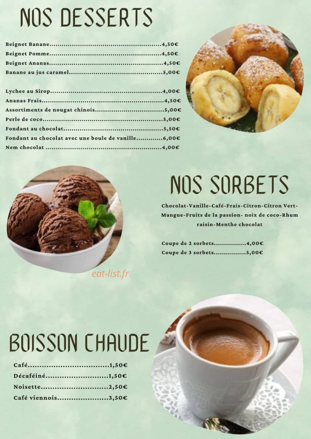 Carte et menu de Restaurant Nénuphar à Castelnaudary — Les desserts, sorbets et boissons chaudes