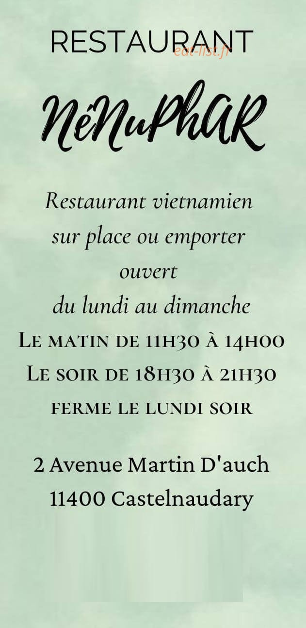 Carte et menu de Restaurant Nénuphar à Castelnaudary — La carte des plats à emporter