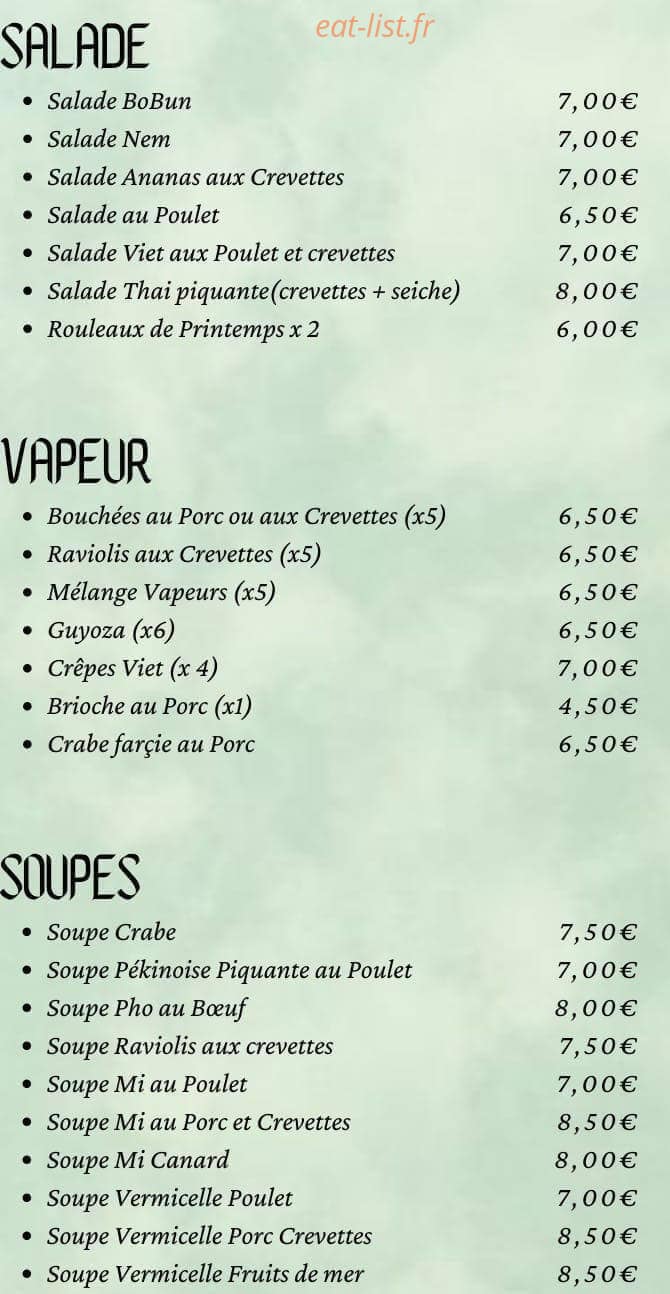 Carte et menu de Restaurant Nénuphar à Castelnaudary — Les salades, plats à vapeur et soupes à emporter
