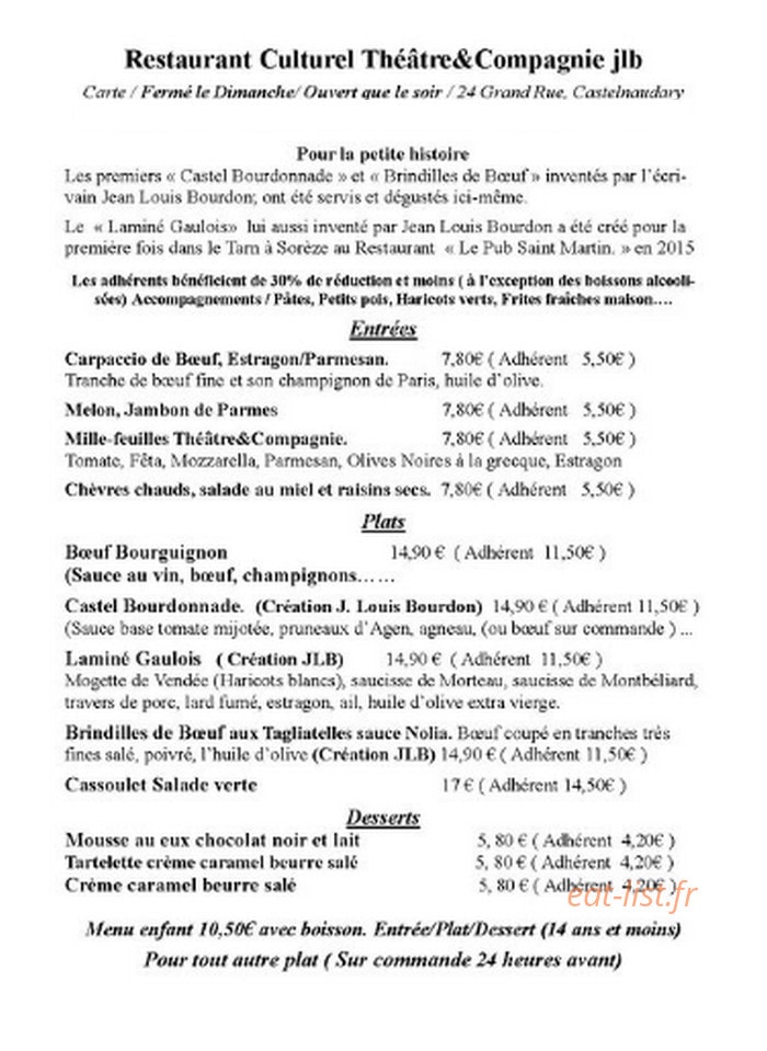 Restaurant Théâtre et Compagnie — carte page 1