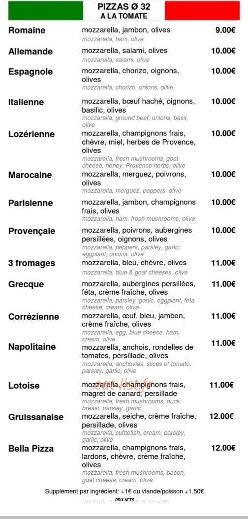 Bella Pizza — carte page 2