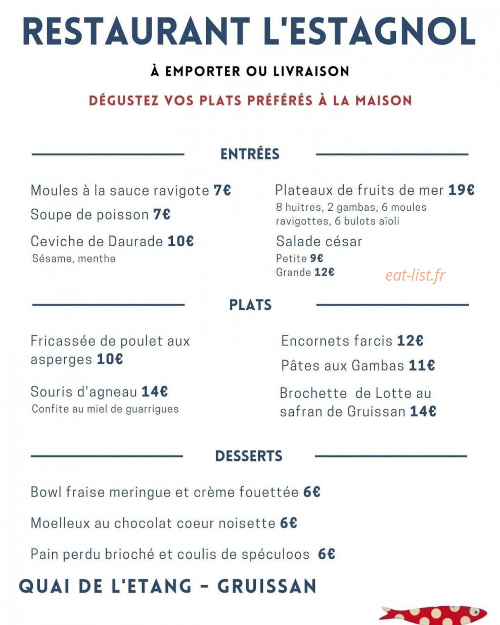 Carte et menu de L’Estagnol à Gruissan — Un exemple de menu à emporter