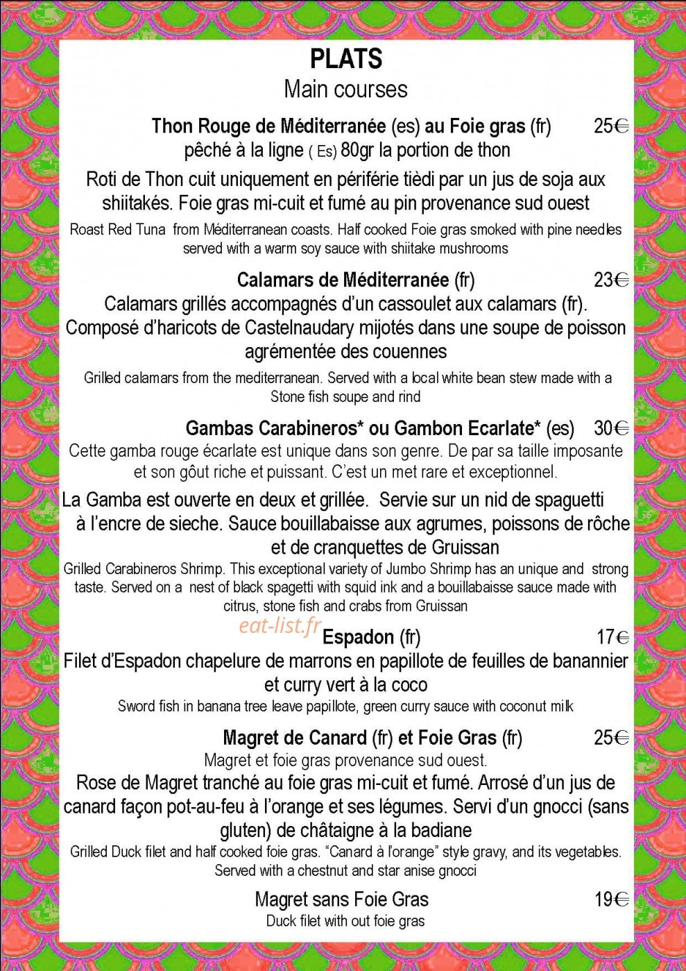 Carte et menu de La Cranquette à Gruissan — Les plats