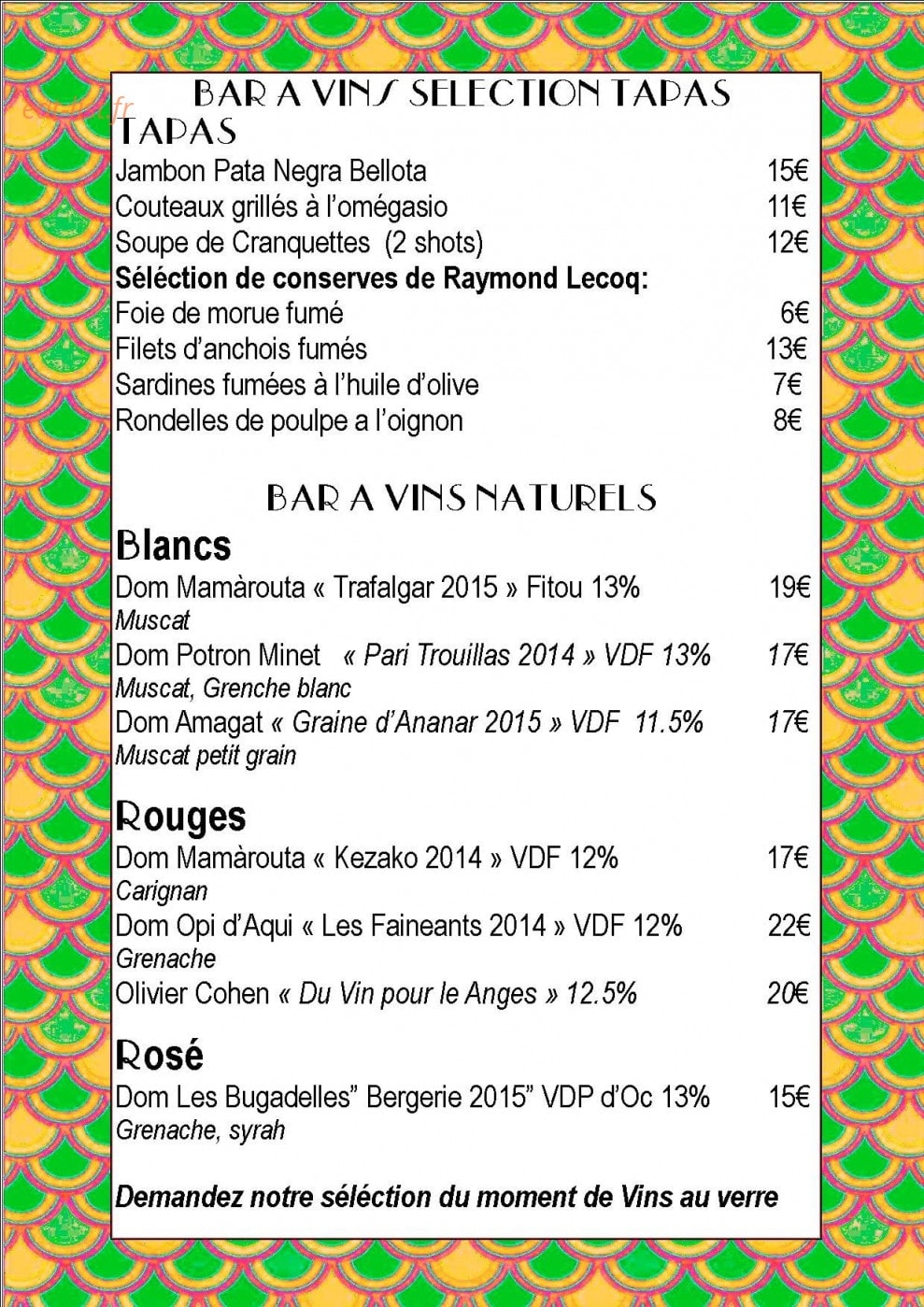 Carte et menu de La Cranquette à Gruissan — Les vins et tapas