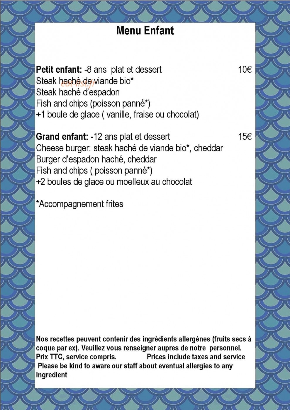 Carte et menu de La Cranquette à Gruissan — Le menu enfant